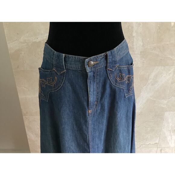 Ralph Lauren VTG Denim Midi Skirt, 10P Blue Embroidered Boho Cowgirl Y2K Western - Picture 8 of 10